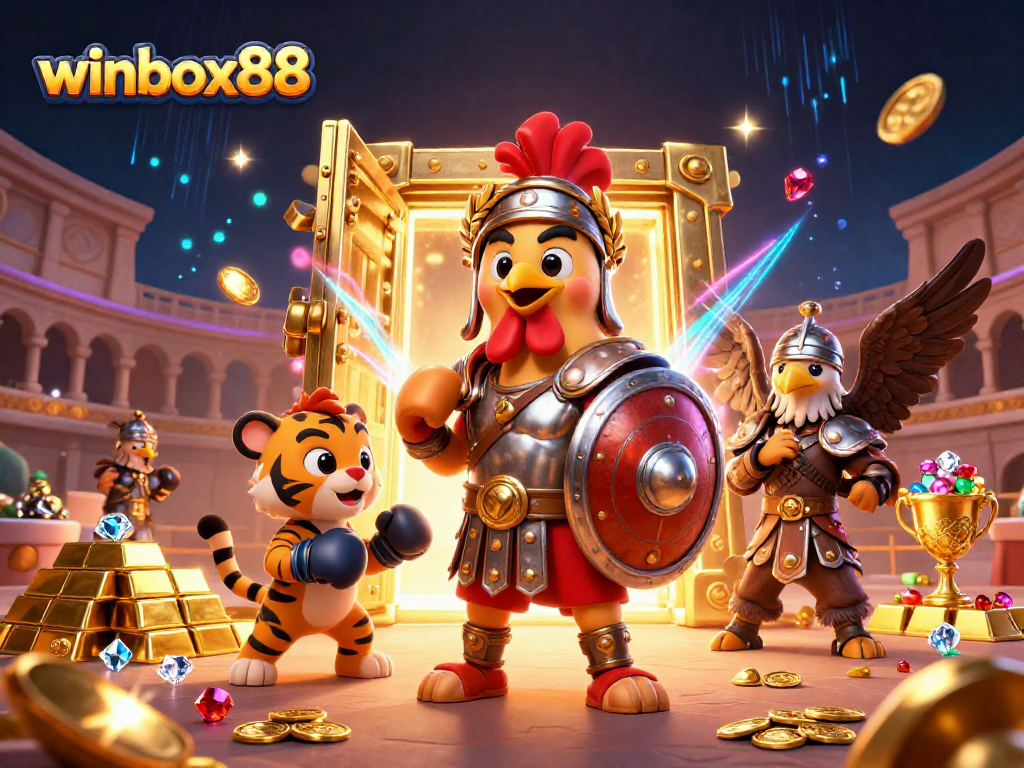 Winbox88 gaming scene featuring rooster gladiator, treasure vault, and vibrant casino elements