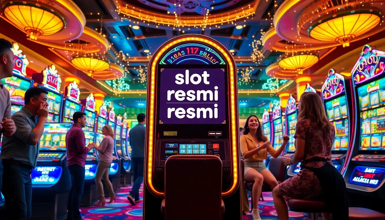 Main focus on slot resmi machines with excited players in a vibrant casino atmosphere.