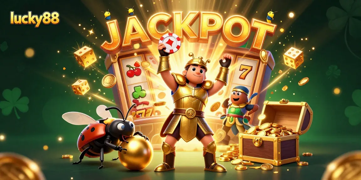 Experience exciting wins with lucky88 as a hercules beetle celebrates a jackpot in a casino-themed illustration.