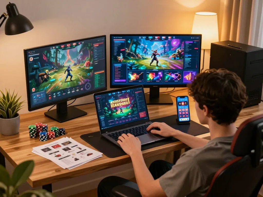 Engaging in เว็บตรงสล็อต gameplay on laptop with vibrant home office setup and strategy notes.