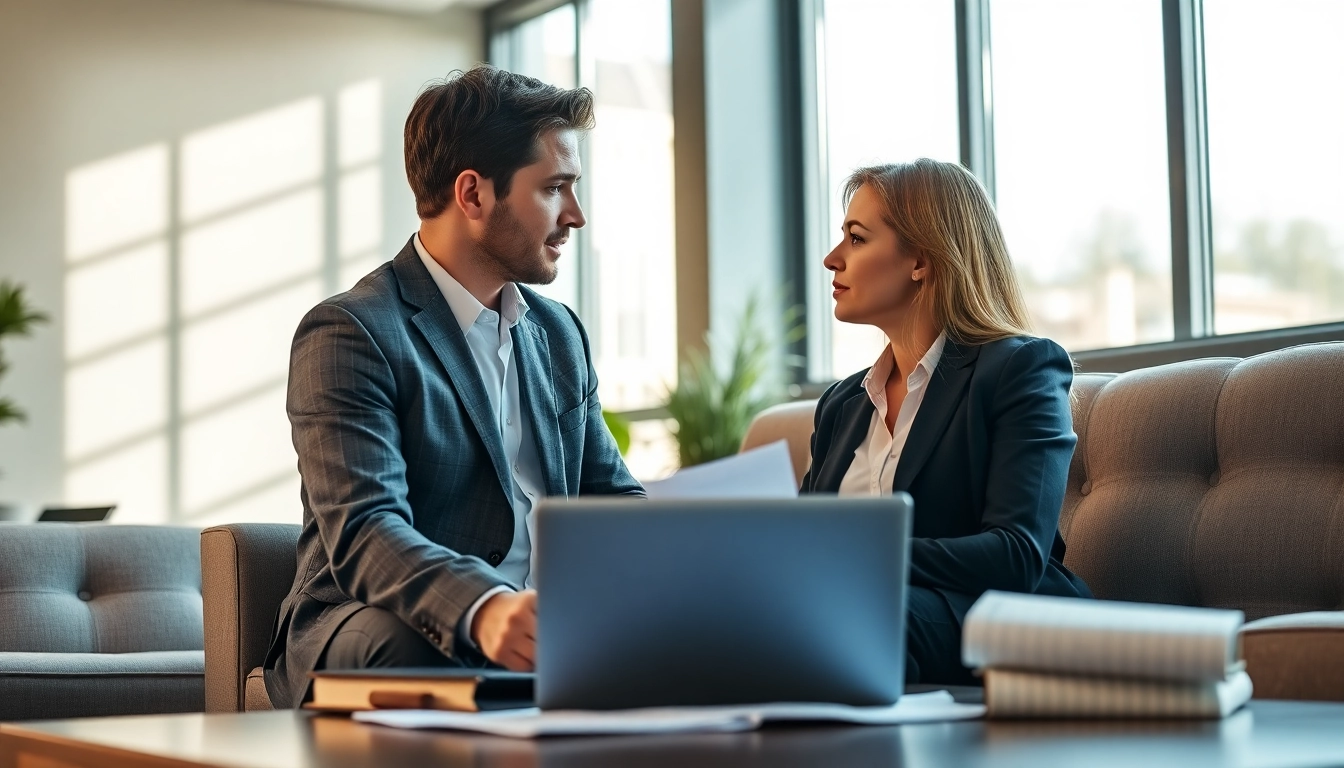 Couple engaged in discussion about Family Law Financial Agreements in a modern office.