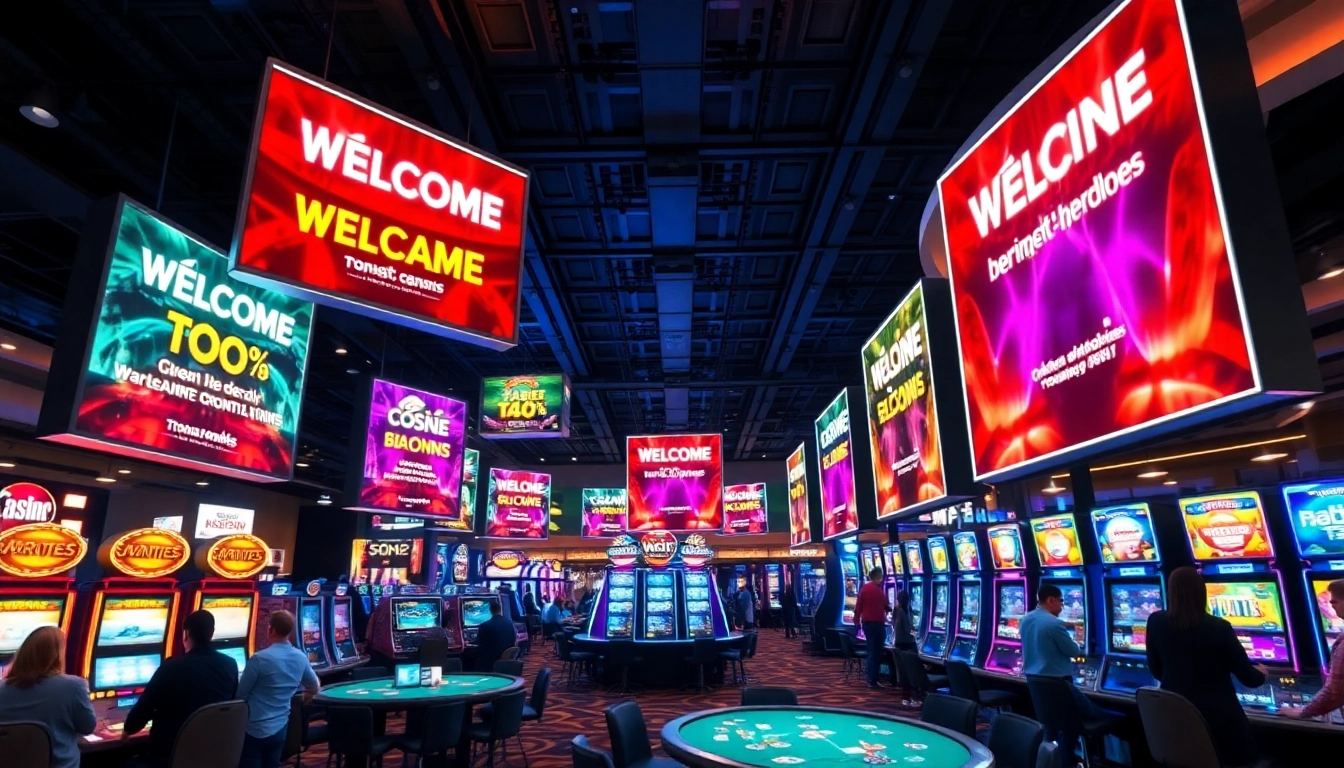 Discover enticing welcome bonuses in a vibrant casino scene filled with excitement.