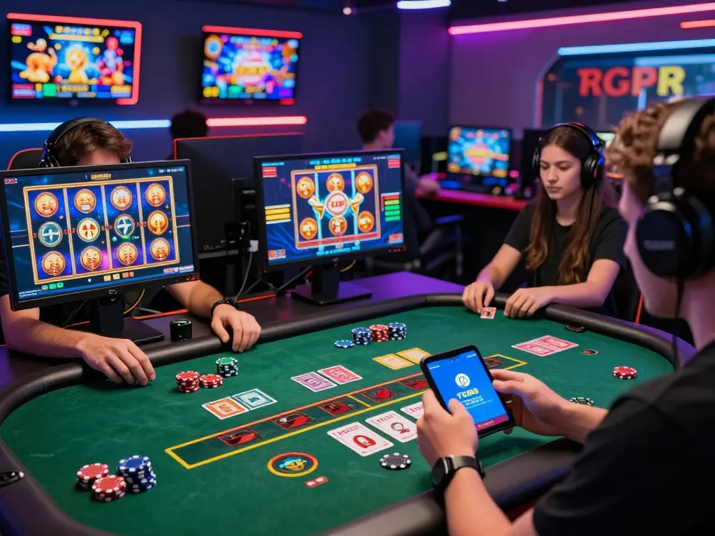 Diverse players enjoying online games on the TG88 platform featuring a vibrant casino setup, mobile app, and animated slot graphics.