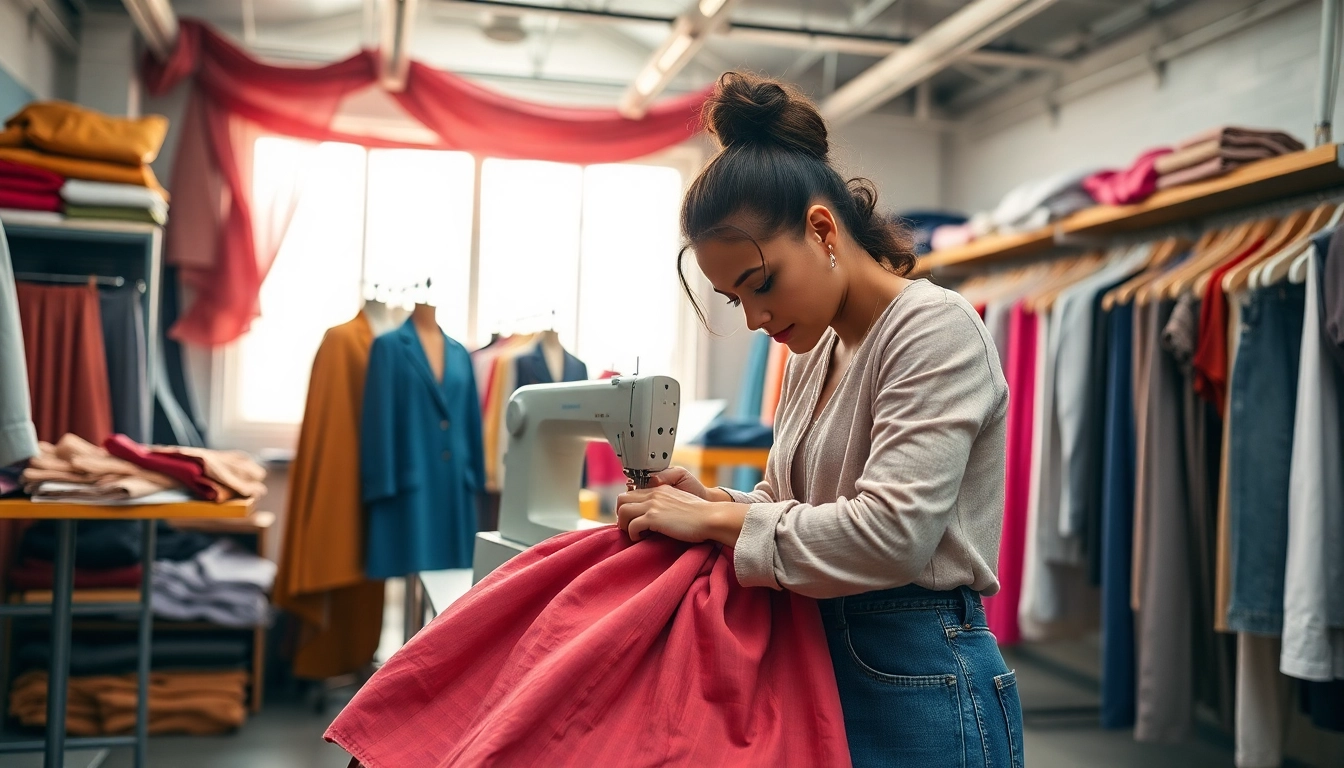 Clothes Manufacturer sewing high-quality skirts in a vibrant workshop setting.