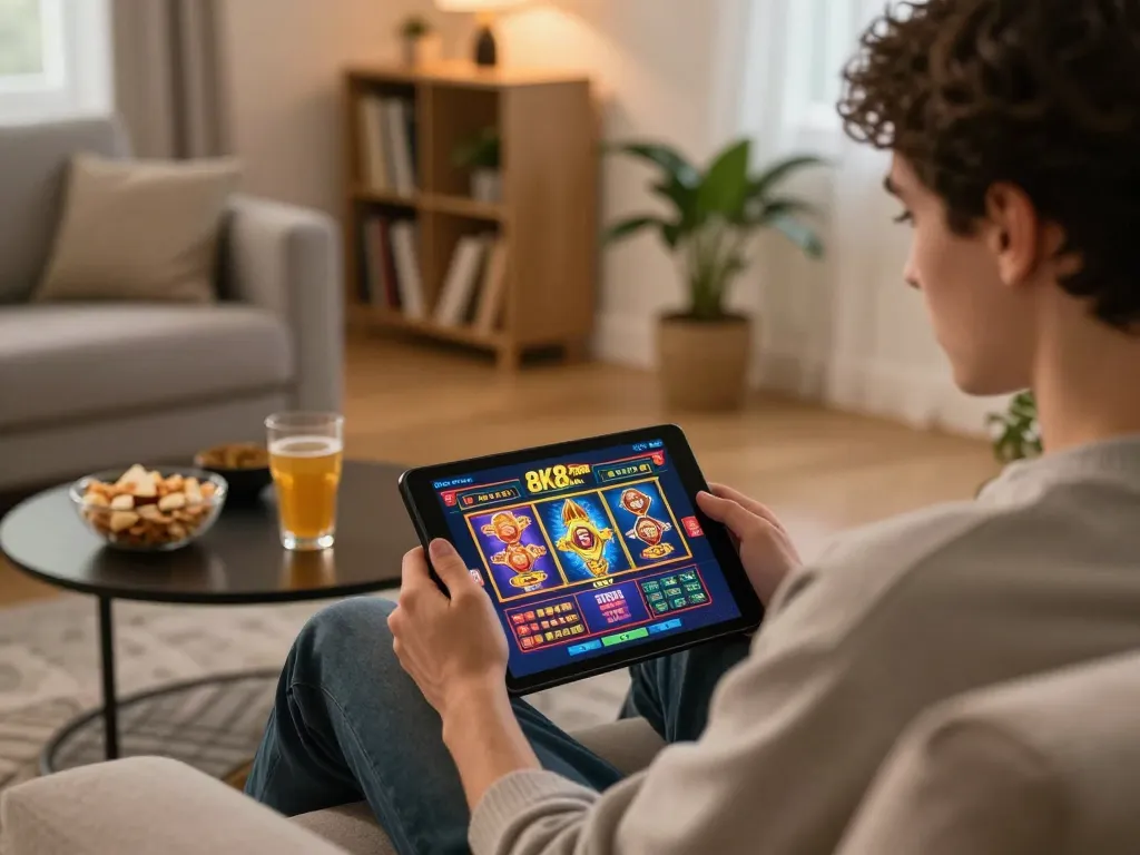 Engaging gameplay on 8k8.fan, showcasing a user intensely focused on a smartphone for online slots.