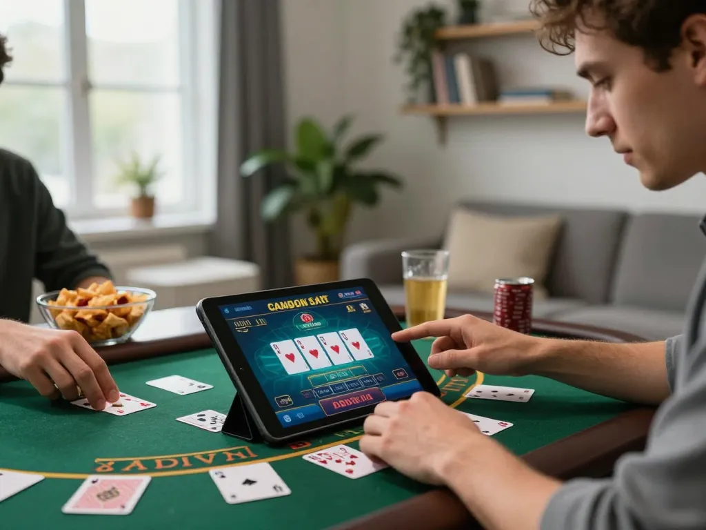 Engaged player enjoying online casinos Canada on a tablet while playing blackjack at home.