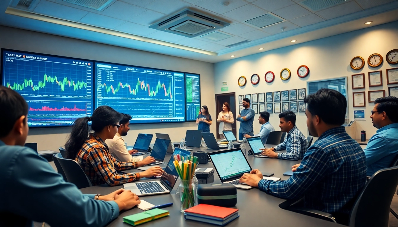Dynamic stock trading classroom at the best stock market institute in kerala, showcasing students engaged in learning.