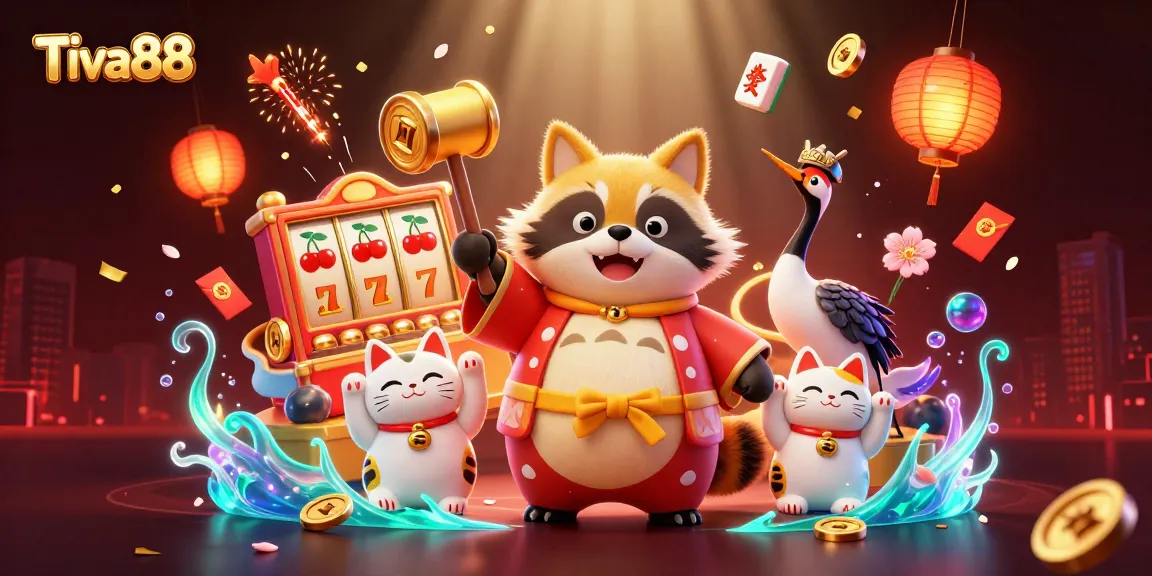 Tiva88 offers vibrant gaming energy with a cheerful tanuki and friends celebrating wins in a packed casino scene.