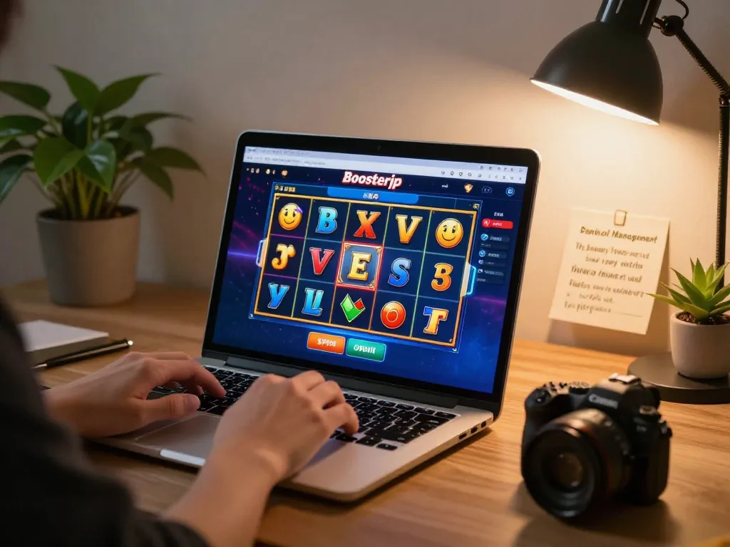 Engaging in online slot gameplay on boosterjp platform, capturing personal gaming experience with dynamic visuals.