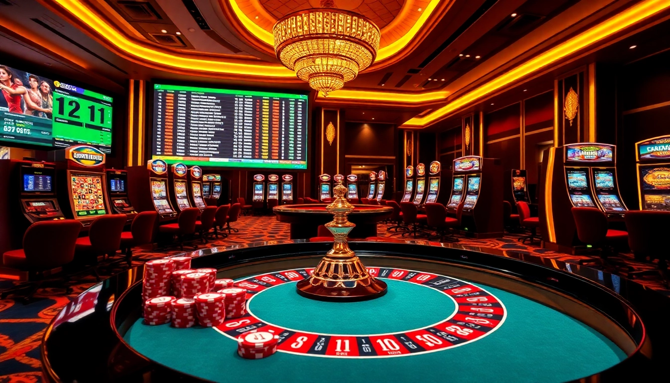 Join the excitement at j88.gives, where players bet at a glamorous casino setting with roulette and slot machines.