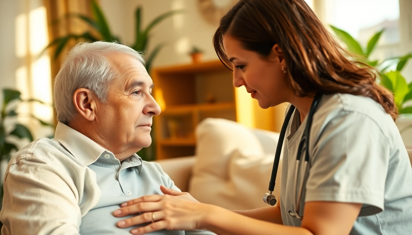 Caregiver providing in home care for seniors, showcasing warmth and compassion in a comfortable living room.