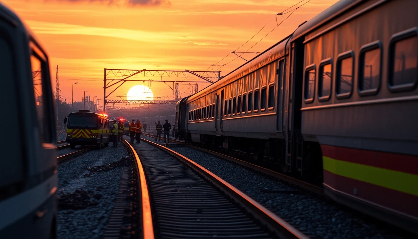 Derailment incident featuring a train off tracks with emergency responders assessing the situation.