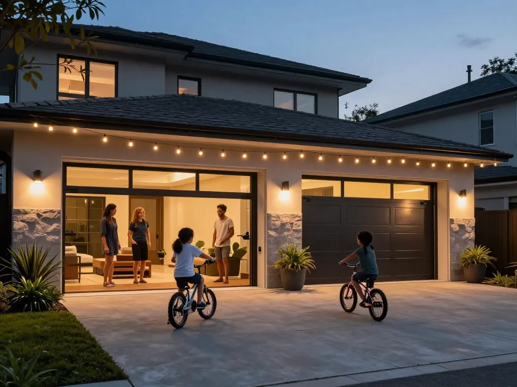 Outdoor garage lights illuminating a family's evening gathering and driveway.