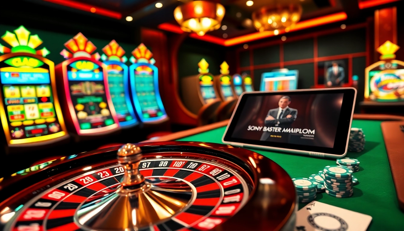 Berinteraksi dengan Utama4D dalam suasana kasino yang semarak, menampilkan roulette, poker, dan elemen permainan online yang elegan.