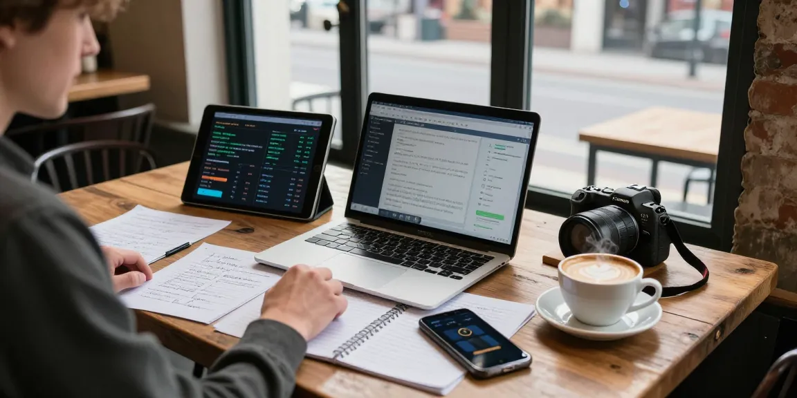 Discover crypto mining without equipment in a vibrant café setting with blockchain on laptop and digital tools.
