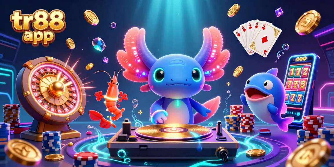 Experience the excitement of the tr88 app with a vibrant underwater casino scene featuring a neon axolotl DJ.