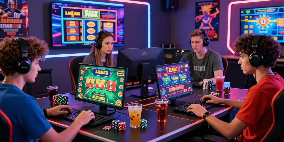 Engaged players exploring credit card casinos in a vibrant online gaming atmosphere with laptops and mobile devices.