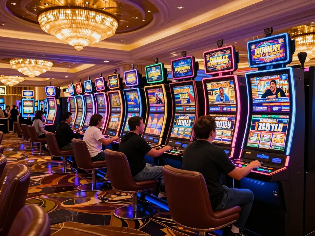 Players engaged on slot777 machines celebrating wins in vibrant Las Vegas casino atmosphere.
