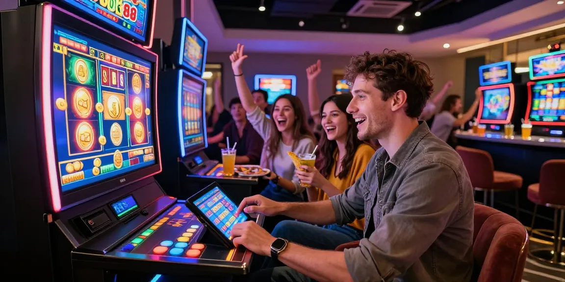 Friends celebrating while playing the rokok88 slot game in a vibrant casino lounge.