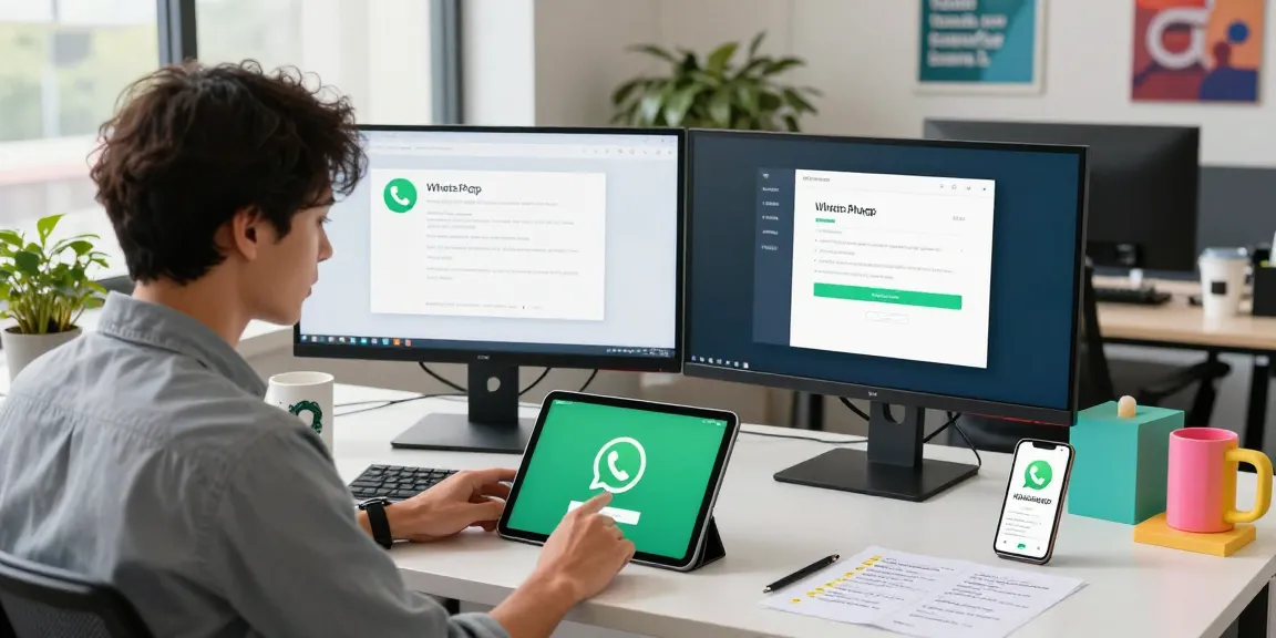 Installing WhatsApp下載 on a tablet in a modern tech workspace with bright natural light.