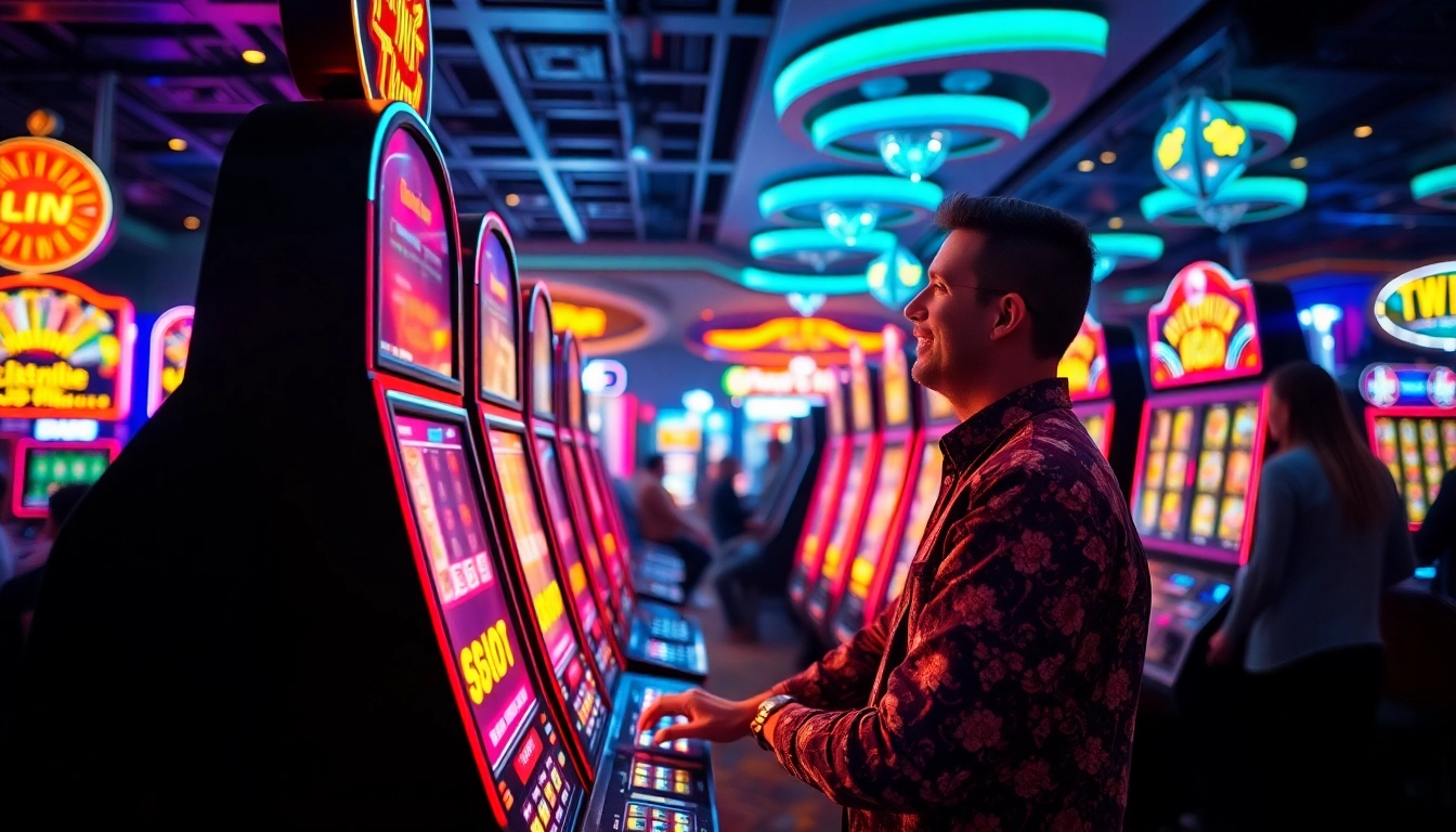 Engaged player enjoying the thrill at a Non gamstop casino slot machine amid bright lights.