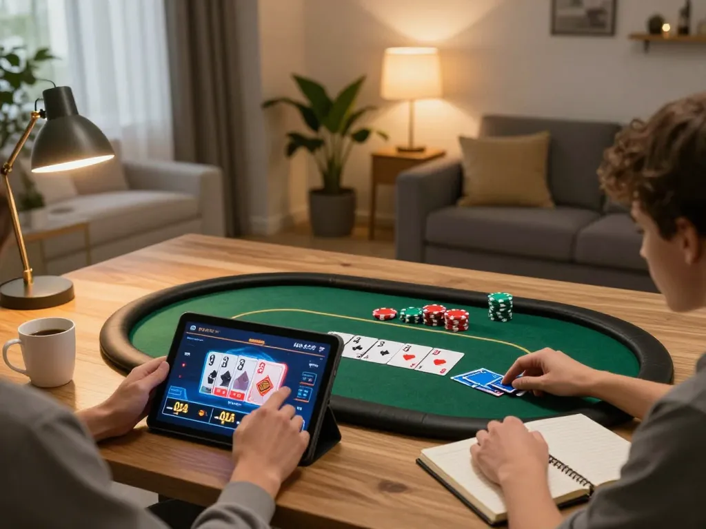Player enjoying a LUCK8 online gaming experience with tablet and poker game interface in a cozy setting