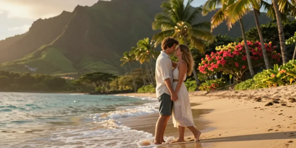 Oahu couples photographer capturing a romantic beach embrace during sunset.