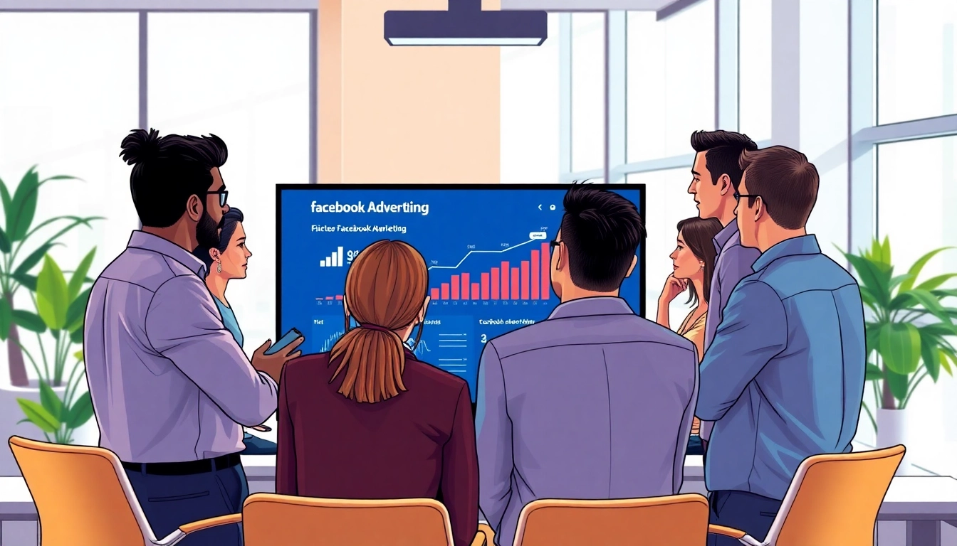 Creative team discussing Facebook advertising strategies in a vibrant office.