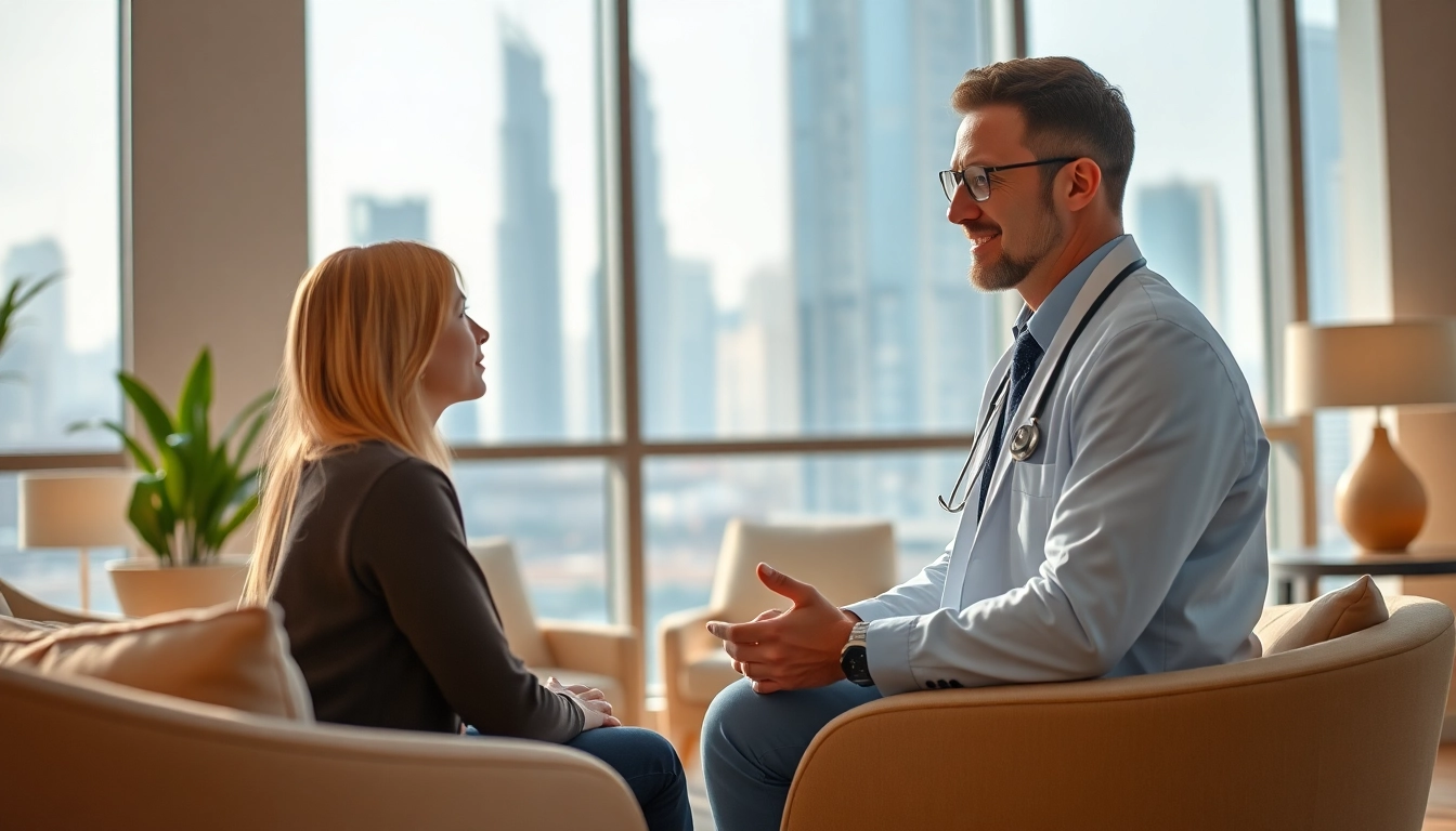 Engaging psychiatrist dubai in a serene consultation setting with urban skyline.