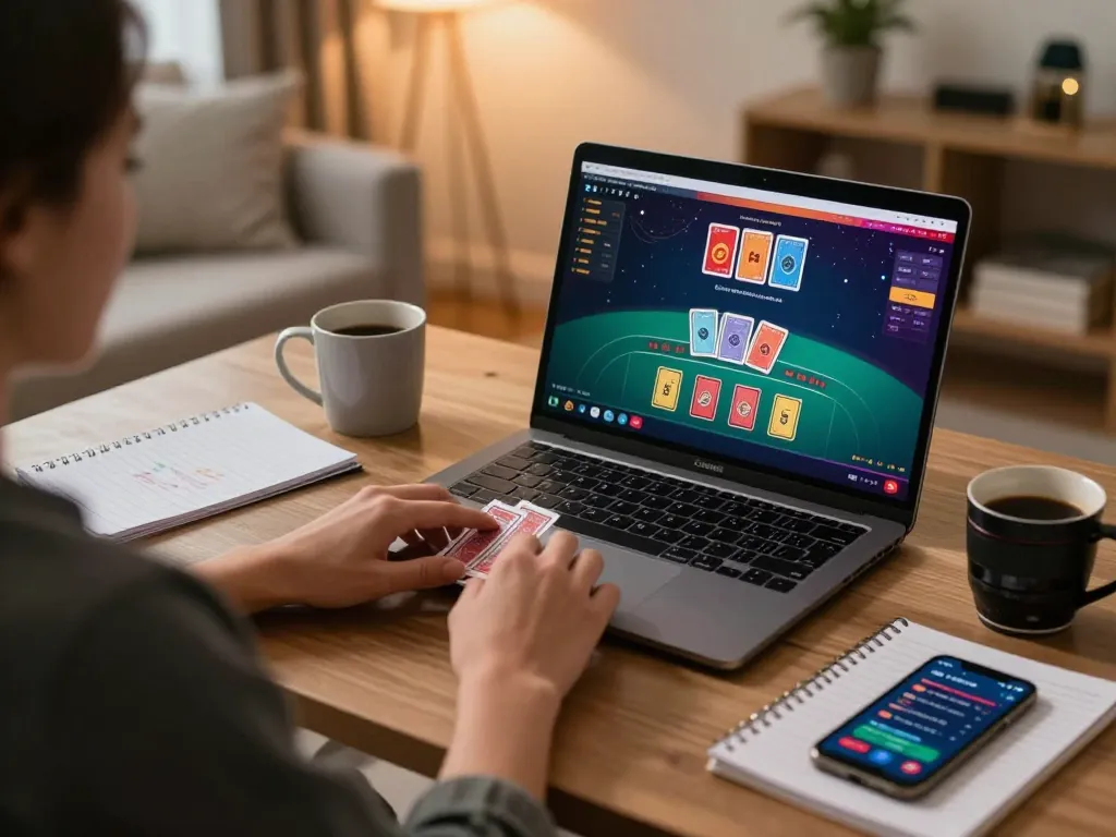 A person playing blackjack online at home while using Da88 gaming strategies on a laptop.