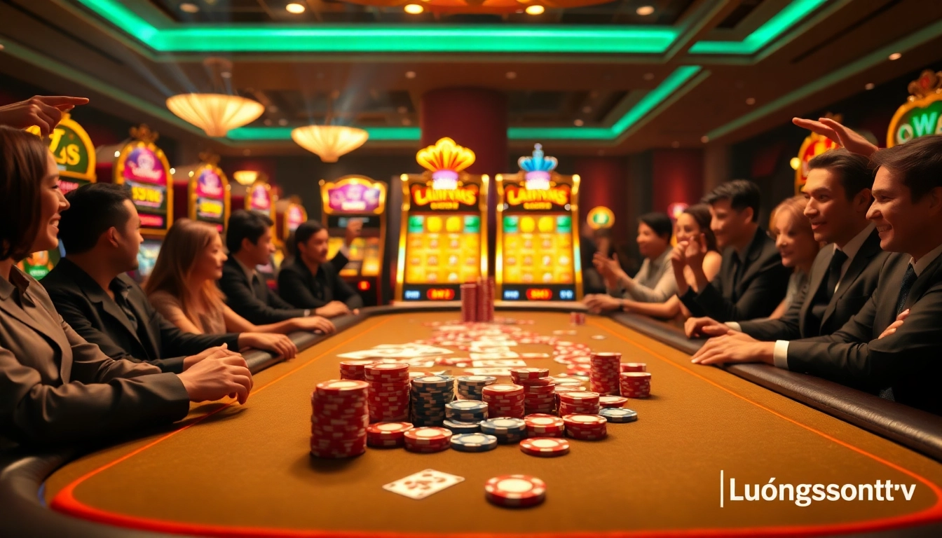 Players engage in thrilling poker games at a luxurious casino, featuring elements of luongsontv for a unique experience.