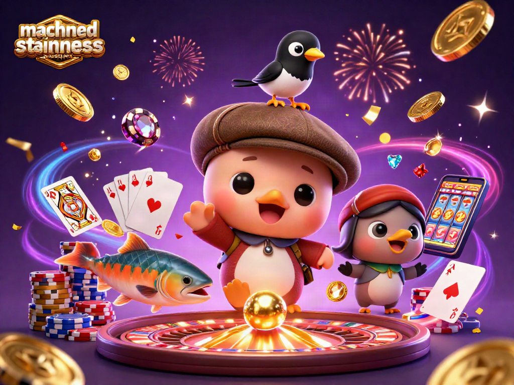 Win with machined stainless steel parts in a vibrant casino scene featuring lucky charms and playful characters.