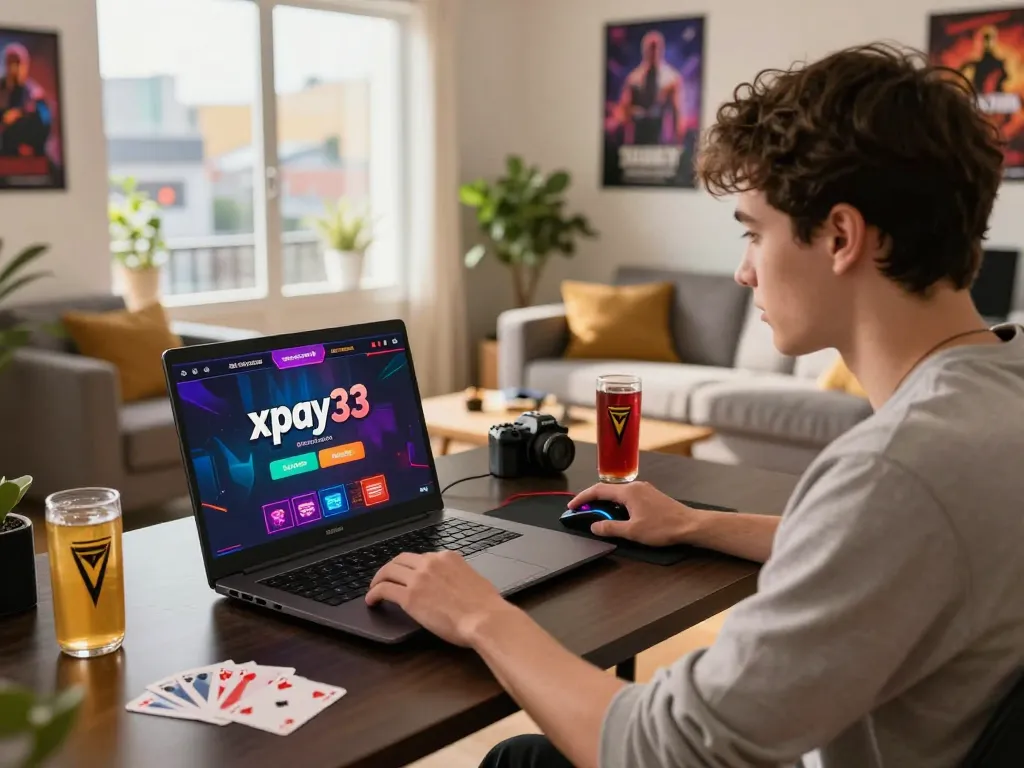 xpay33 promotion highlights an online gambler enjoying a vibrant gaming session at home, showcasing a laptop and gaming accessories.