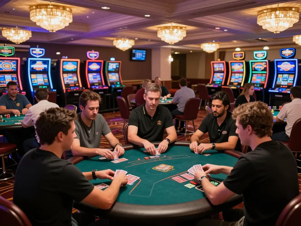Experience thrilling gameplay at betbet with players strategizing at poker tables in a vibrant casino setting
