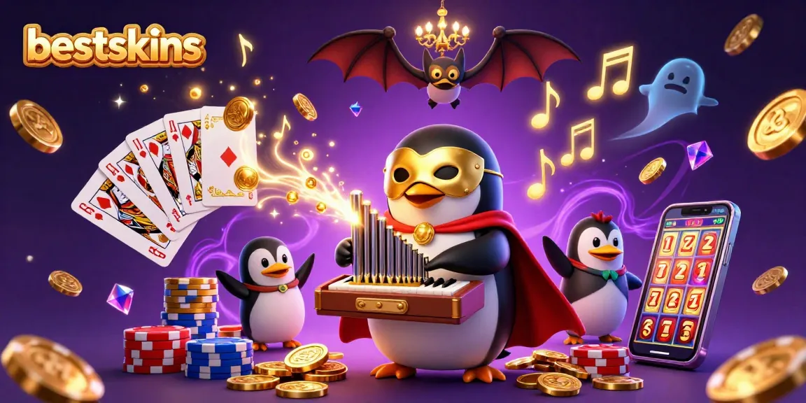 Experience lucky moments at bestskins with a phantom penguin playing coins and cards in this thrilling casino scene.