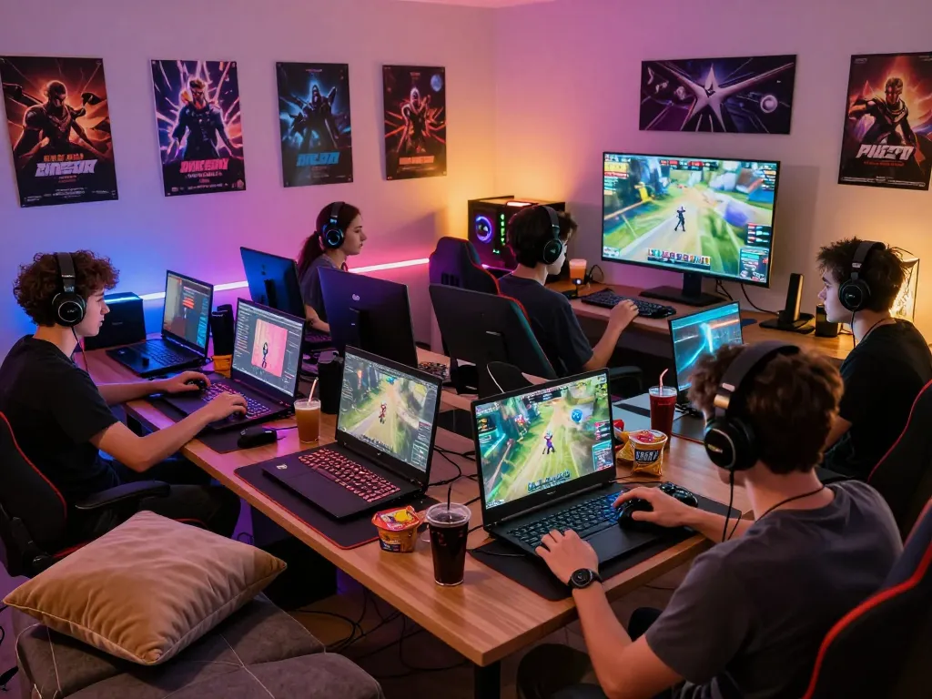 Engaged gamers in a vibrant gaming setup showcasing ligasedayu.com community experience.
