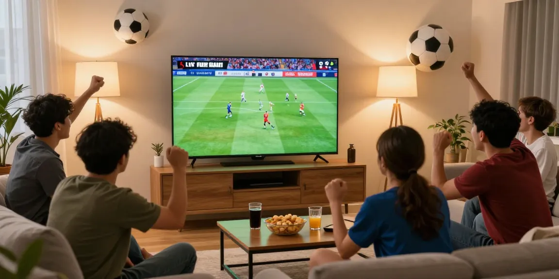 Menikmati live streaming sepak bola bersama teman-teman di ruang tamu yang nyaman.