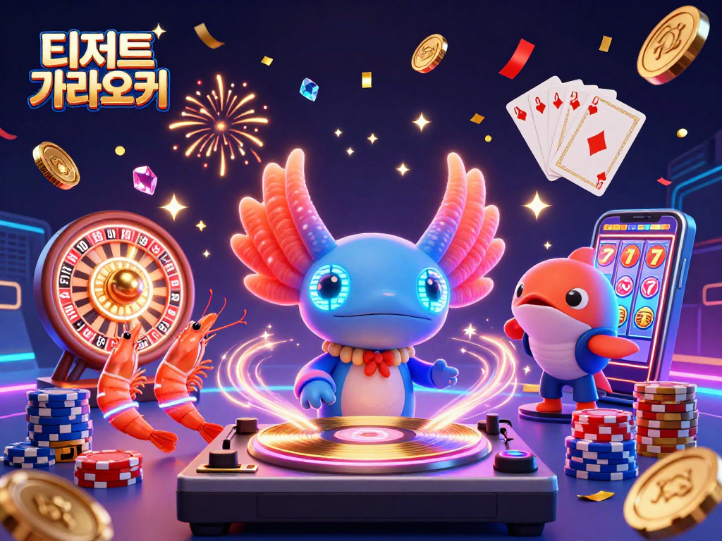 디저트 가라오케에서 DJ가 금빛 레코드를 돌리고 다양한 해양 생물들과 함께 춤 추는 모습
