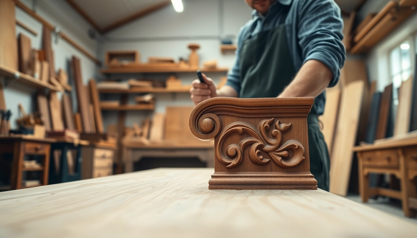 Carpenter working on custom millwork showcasing intricate craftsmanship.
