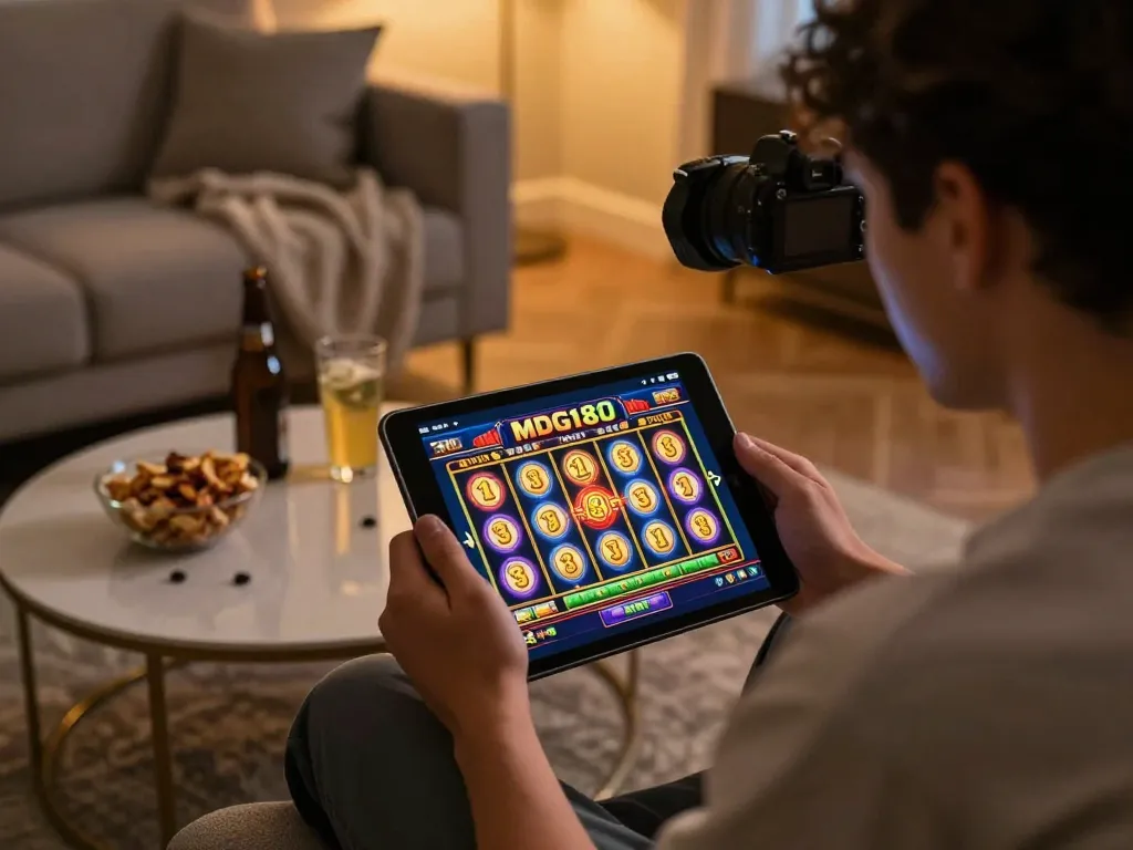 Engaging gameplay on MDG188 slo slot game app in a cozy home setting, illustrating online gambling excitement.