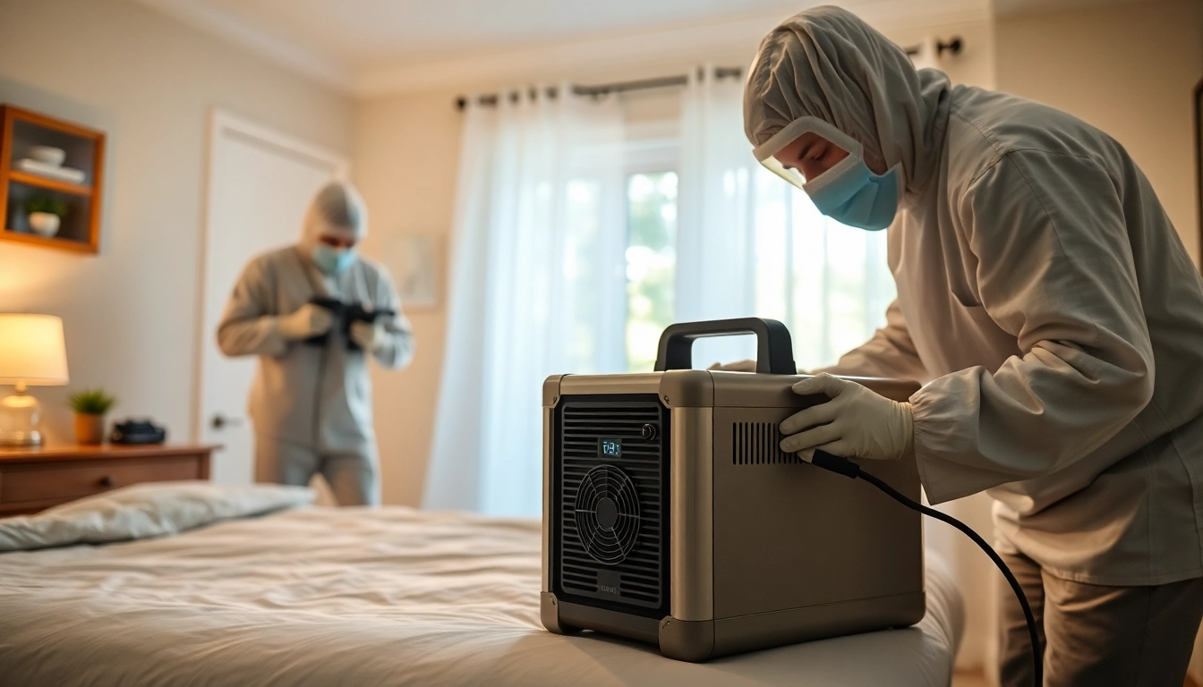 Apply bed bug heat treatment in a cozy bedroom with technicians demonstrating safety measures.
