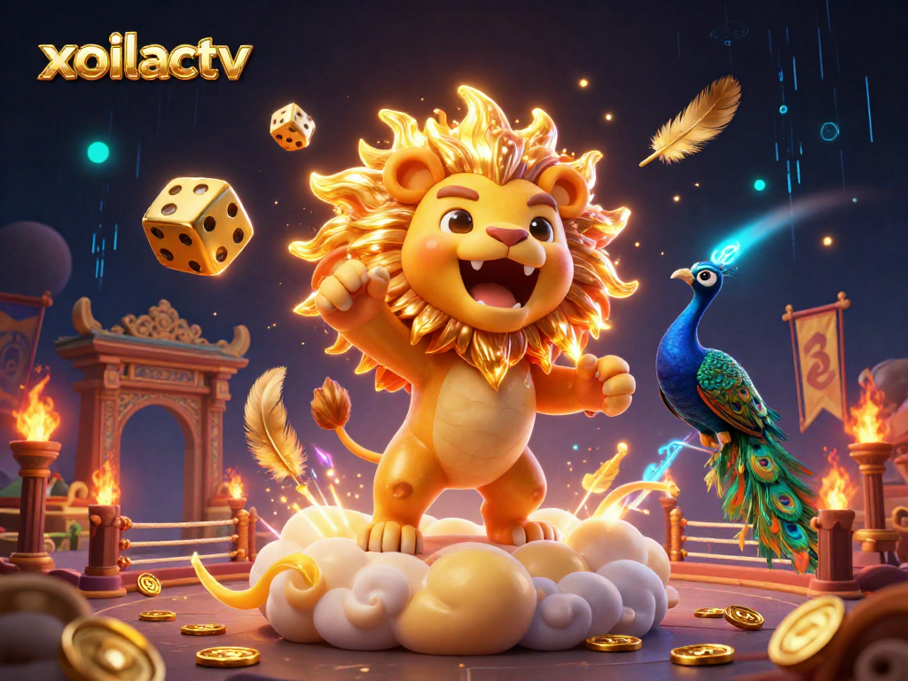 Experience the vibrant world of xoilactv, where the 3D cartoon sun lion thrills as golden dice tumble in a dynamic casino scene.