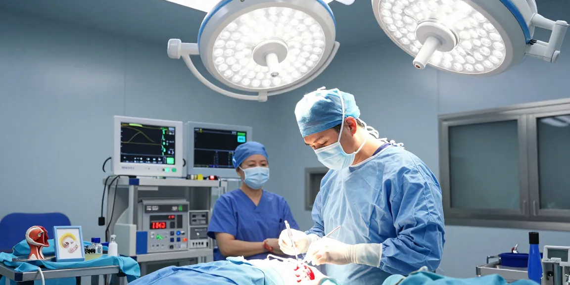 The brain tumor surgery scene illustrates a beyin tümörü ameliyatı with a surgeon focused on precision, surrounded by medical equipment and an assisting team in a sterile environment.