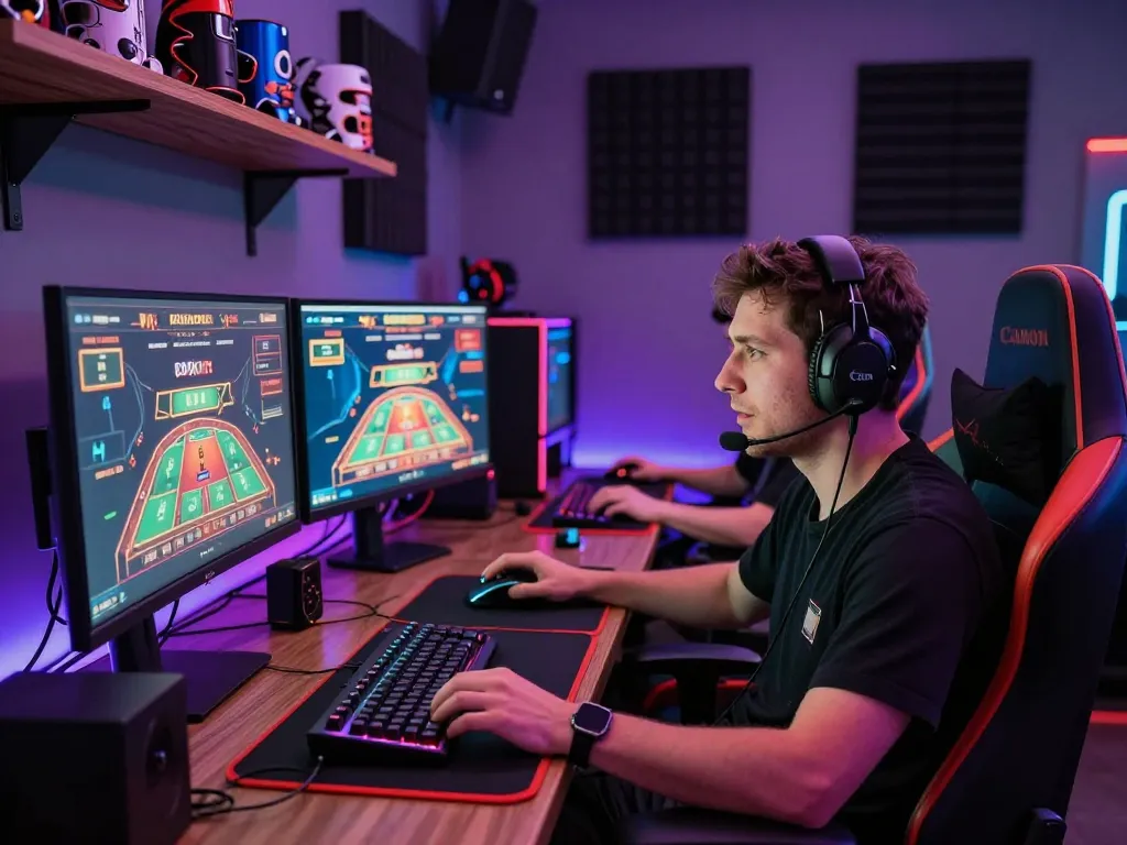 SC88 đăng nhập - Gamer engaged in action with dual monitors and gaming setup.