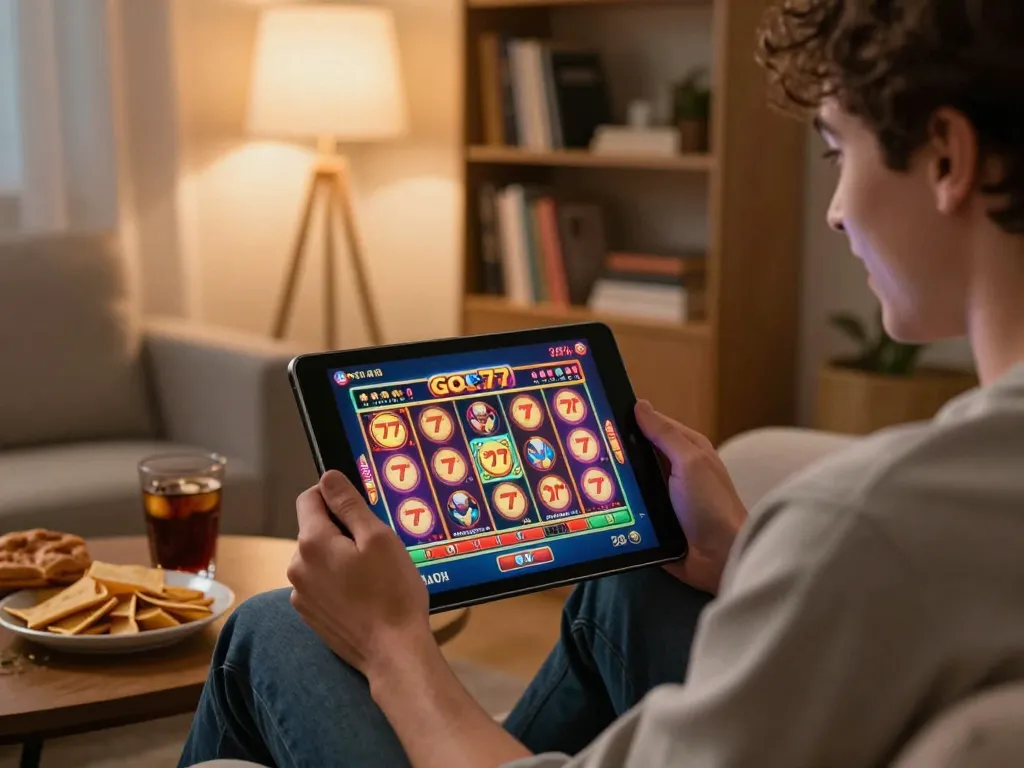 Player enjoying a gori77 slot game on a tablet in a cozy home setup while celebrating a win.