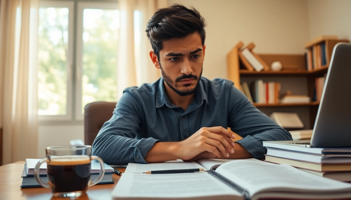 Contemplating whether to pay someone to take PMP exam, focused student at study desk.