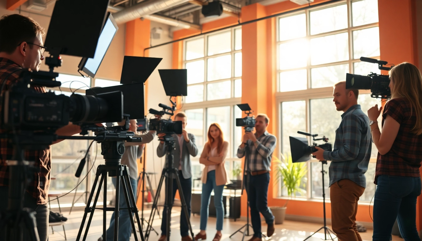 Engaging scene of video production Edmonton team collaborating in a bright studio environment.