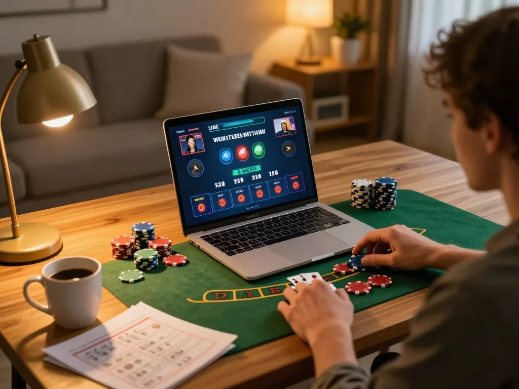 Player enjoying live dealer blackjack at home with BL555 on laptop, chips and notes visible.