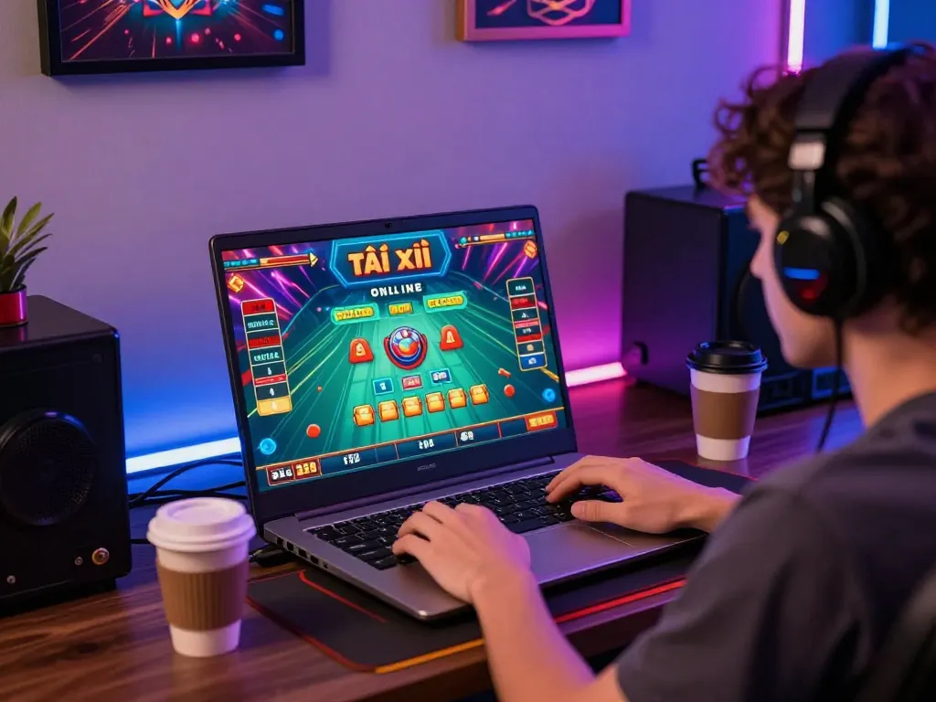 Engaging in tài xỉu online gameplay on a laptop with a colorful background and comfortable setup.