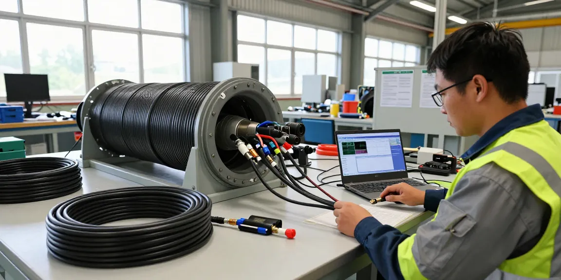 Technician examining seismic cable setup with geophones in engineering workspace